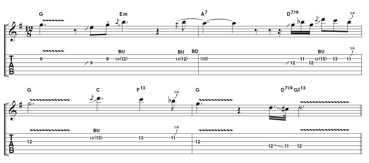 Example 5: final turnaround. Here's a third take at the last half of the progression with contrasting slow bends and the odd flurry thrown in. There's also a hint of a theme developing between bars 3 and 4. Once again, take it slow until you gain more confidence.