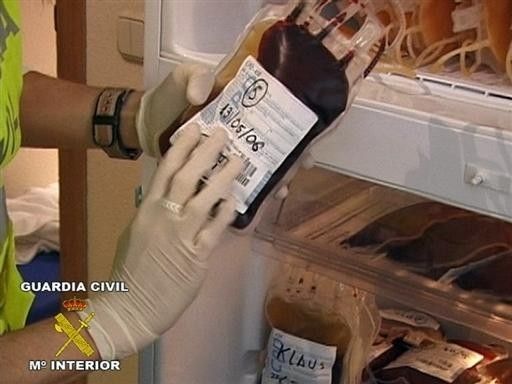 A blood bag discovered by Spanish police during the Operation Puerto blood doping investigation