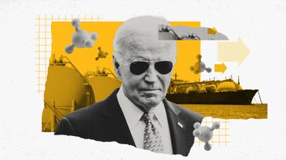 Photo composite of Joe Biden, LNG storage tanks, a shipping tanker and methane molecules