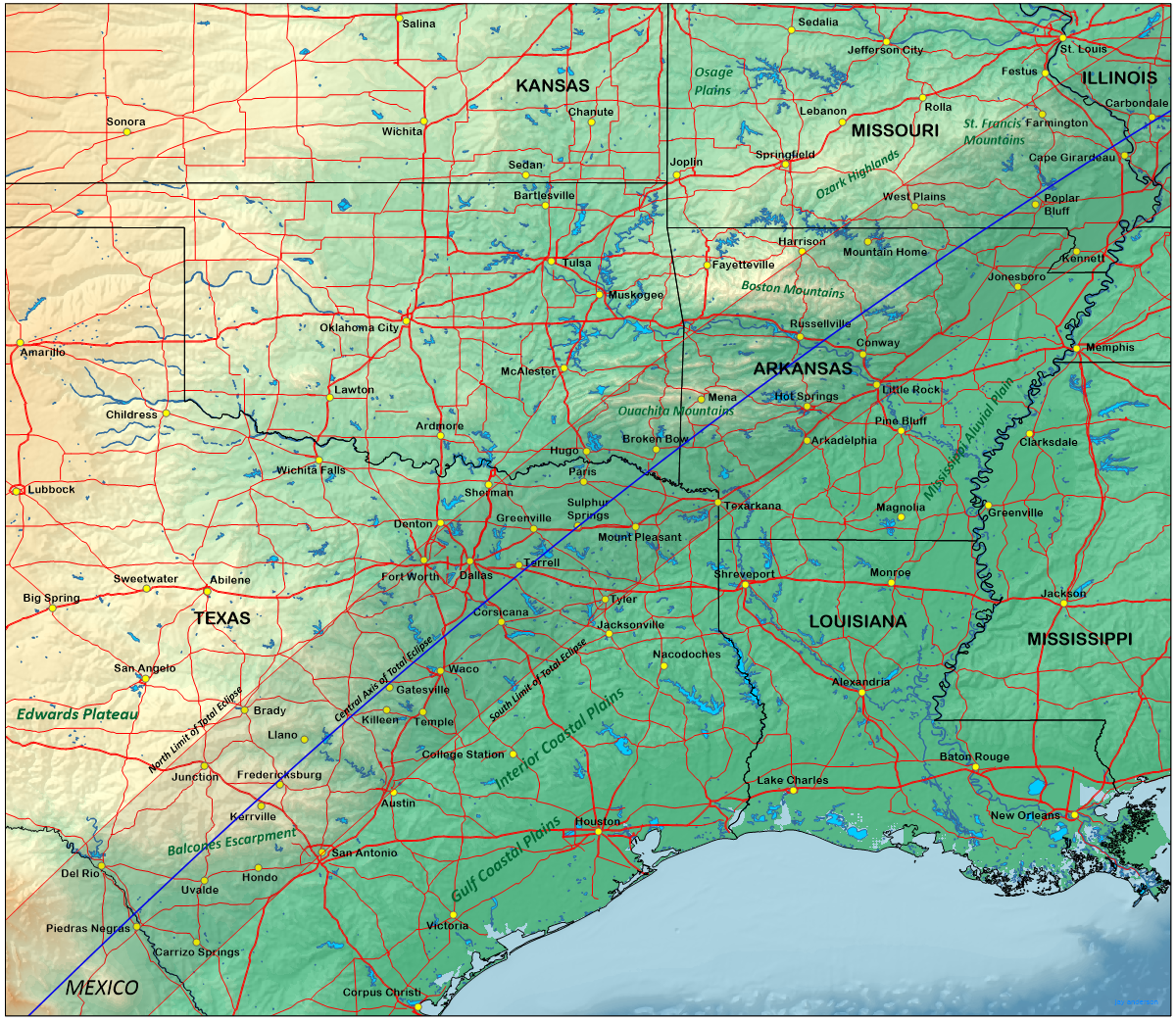 Amerika Birleşik Devletleri'nin topografik haritası ve 8 Nisan'da ay gölgesinin izleyeceği tam tutulma yolu.
