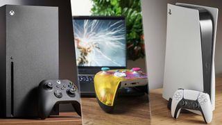 A tri image showing an Xbox Series X, Gaming laptop and PS5