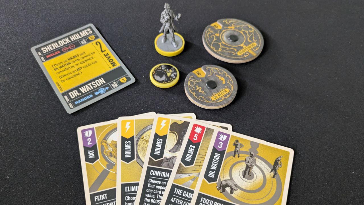Unmatched: Cobble &amp; Fog Sherlock Holmes model, tokens, and cards laid out on a dark surface