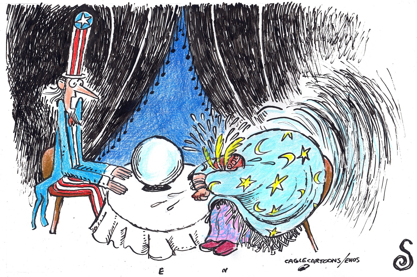 A shocked-looking Uncle Sam sits at a psychic&amp;rsquo;s table upon which rests a crystal ball. The psychic at the table is speechless, crouched over in pain and his head buried after having glimpsed the future.