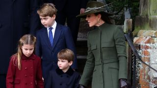 Princess Charlotte of Wales, Prince George of Wales, Prince Louis of Wales and Catherine, Princess of Wales, after the Christmas Day service 2022