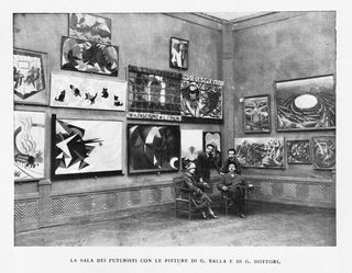 Installation view of ‘III Biennale di Roma’,1925, futurist group show curated by FT Marinetti, with works by Giacomo Balla, Fortunato Depero and Gerardo Dottori