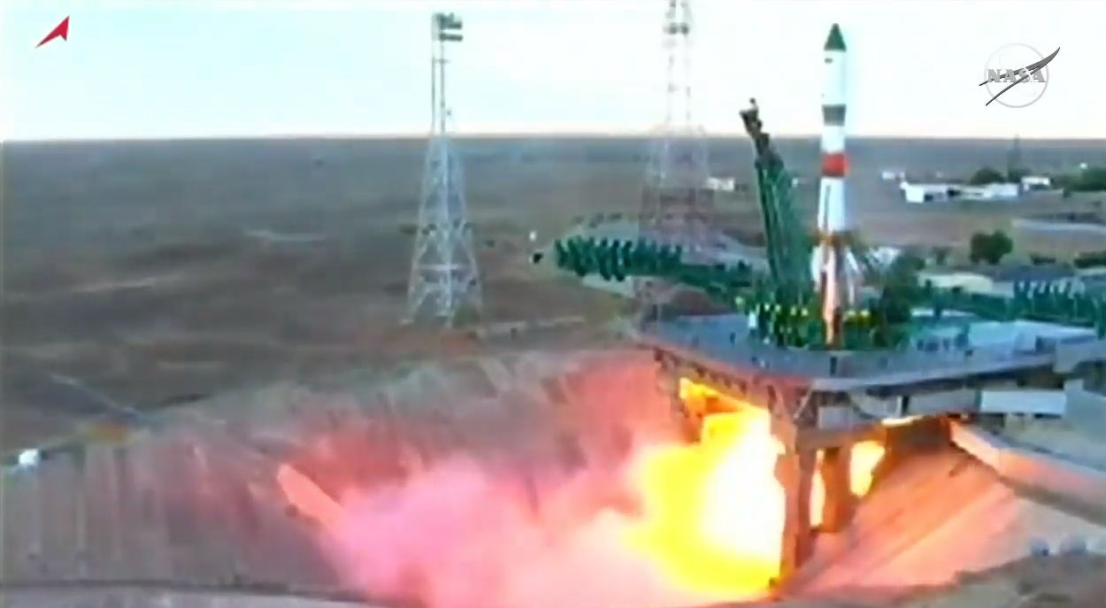 A Russian Soyuz rocket launches the uncrewed Progress 76 cargo ship toward the International Space Station from Baikonur Cosmodrome, Kazakhstan on July 23, 2020. It's carrying nearly 3 tons of supplies for the station's crew.