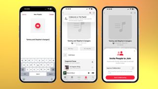 Enter your playlist’s name and tap Create Tap the circular person icon with a plus button at the top of the playlist Toggle Approve Collaborators then press Start Collaborating