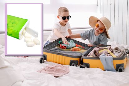 Boy and girl opening suitcase on bed drop in of Tic Tac case with mints spilling out