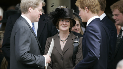 Prince Harry chats to Earl Spencer and Lady Sarah McCorquodale after the Service to celebrate the life of Diana, Princess of Wales at the Guards Chapel on August 31, 2007 in London, England.