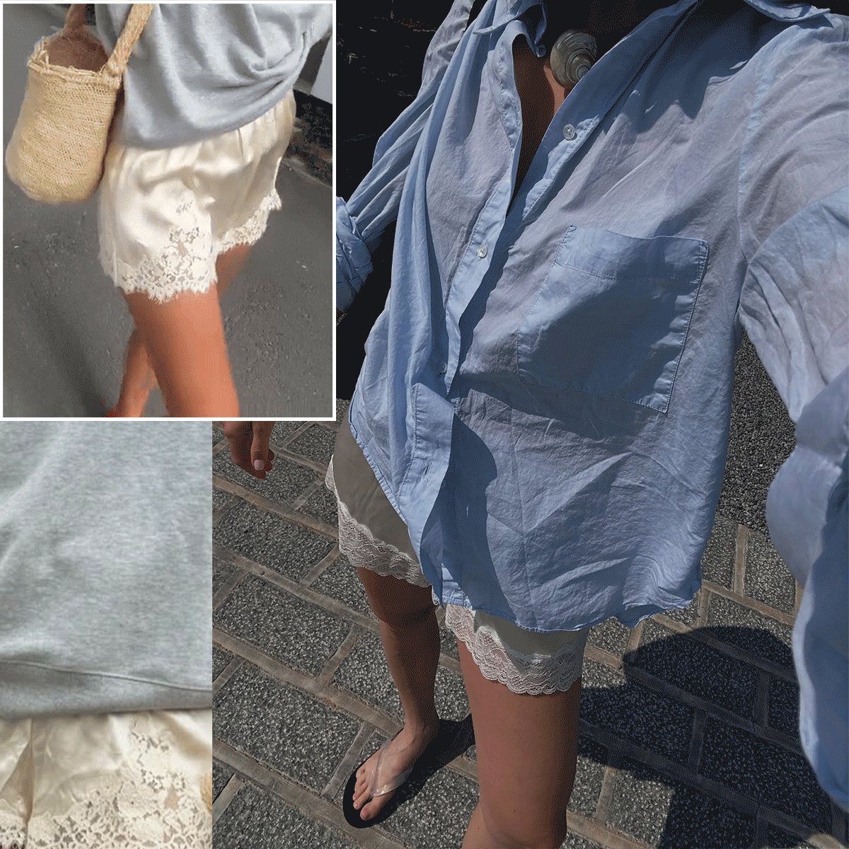 A collage of chic women wearing silk lace trim shorts. 