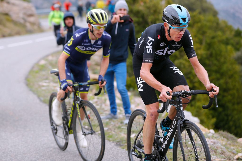 Chris Froome (Team Sky) with Adam Yates (Orica-Scott) on his wheel