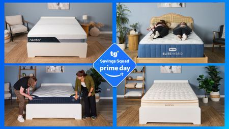 The Nectar Classic, the Bear Elite Hybrid, the DreamCloud Classic and Saatva Classic in a side-by-side composite with a Tom's Guide Savings Squad Prime Day badge overlaid on top