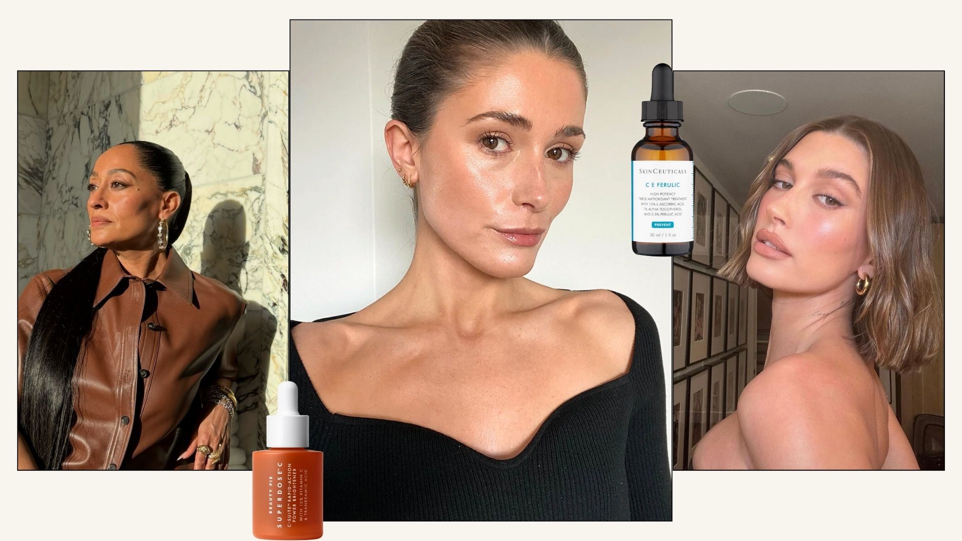 A collage of three women, including Hailey Bieber and Tracee Ellis Ross, with glowing skin