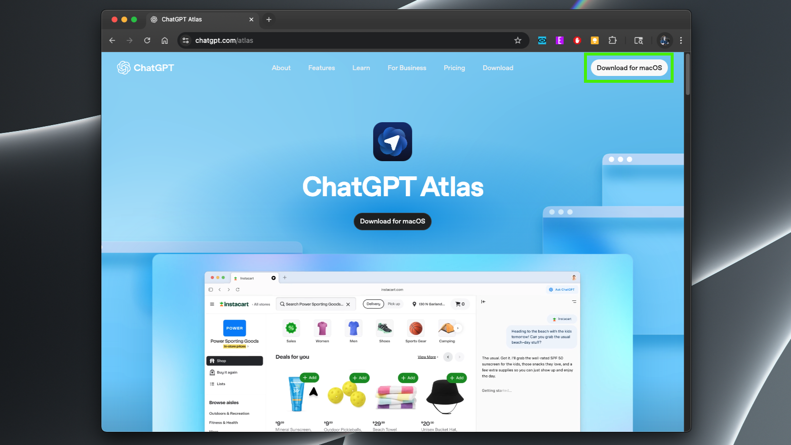 The ChatGPT Atlas website with the Download for macOS button highlighted