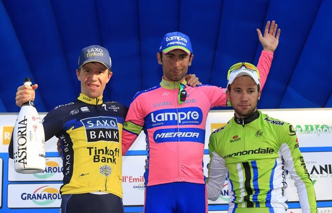 The Giro dell'Emilia podium: Chris Anker Sorensen (Saxo-Tinkoff), Diego Ulissi (Lampre-Merida) and David Villella (Cannondale)