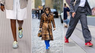 Three models wearing colourful trainers