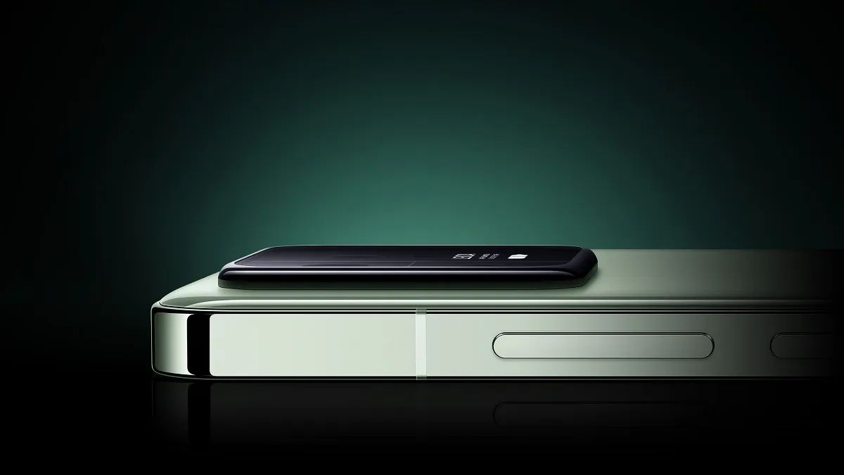 A leaked render of the Xiaomi 14 in green, on a green vignette background