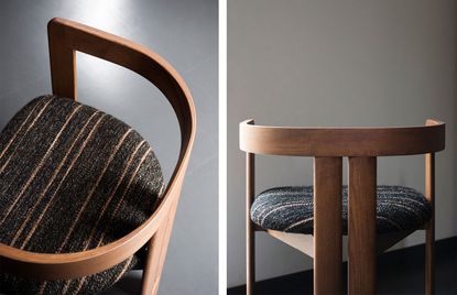 Detail shots of the Pigreco chair by Tobia Scarpa, featuring an arched wooden back and triangular composition. The chair is in walnut with striped textile seat
