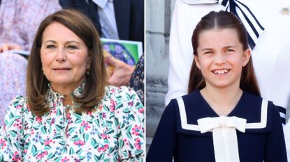 A composite of a picture of Carole Middleton at Wimbledon 2024 and Princess Charlotte at Trooping the Colour 2024