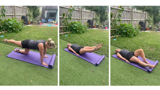 Kat Storr working out in the garden on a yoga mat, doing leg and core exercises