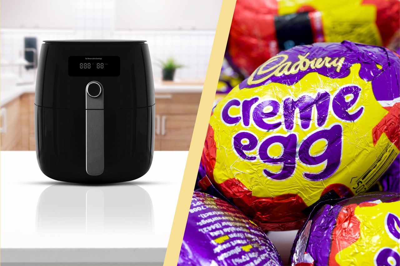 A collage of an air fryer and a Cadbury&#039;s Creme Egg