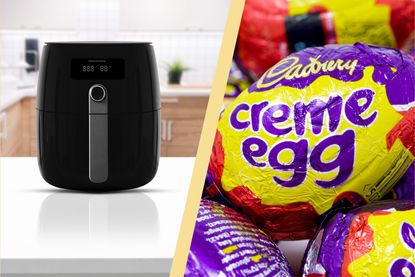 A collage of an air fryer and a Cadbury's Creme Egg