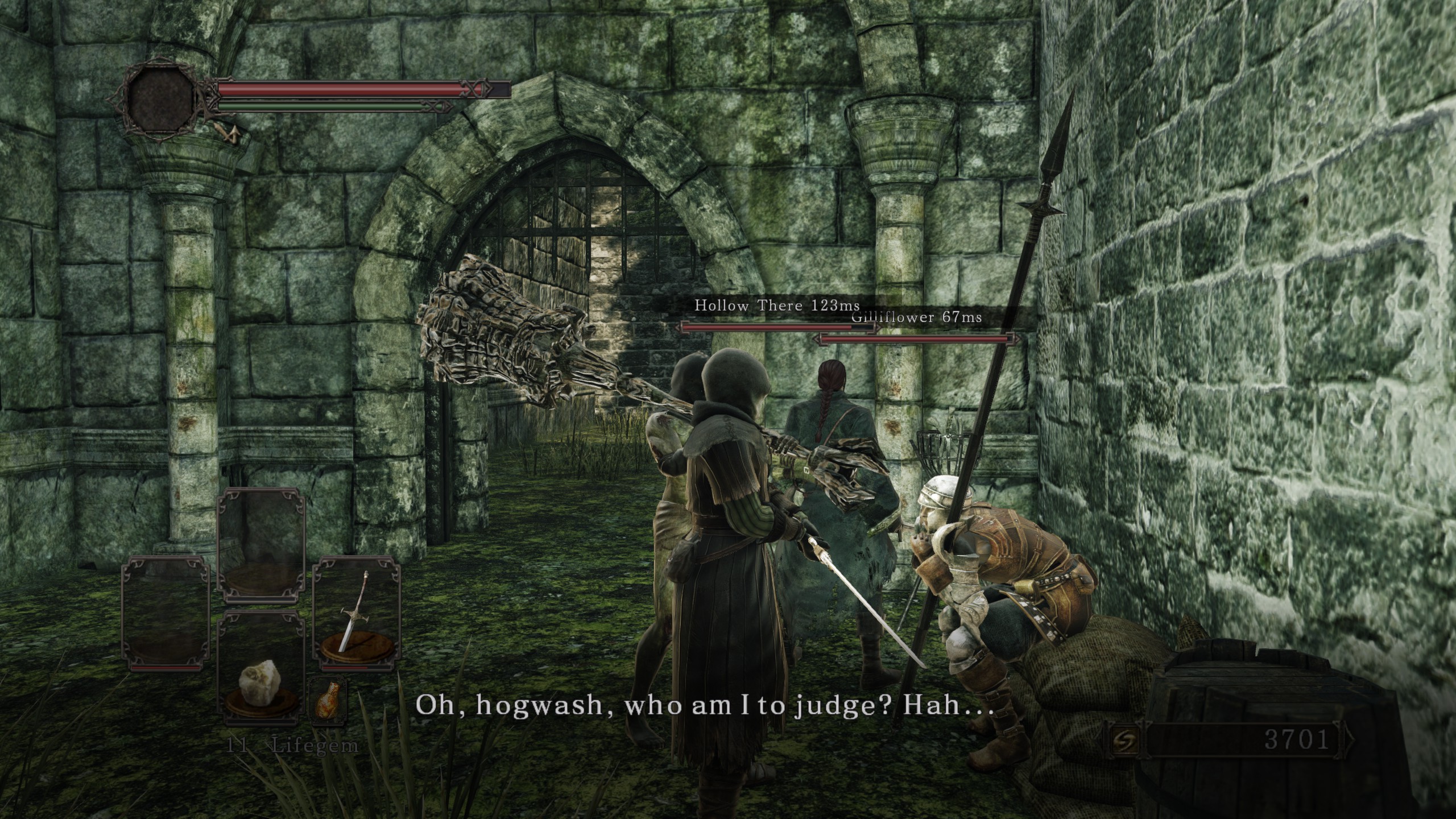 Dark Souls 2 Seamless co-op screenshot showing three characters gathered by Pate