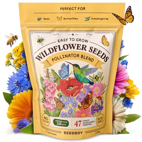 Seedboy Wildflowers for Pollinators Seed Mix – 2 Oz Bulk Wildflower Seeds - 40,000+ Non-Gmo Seeds for Bees Butterflies Hummingbirds – 47 Varieties of Annual & Perennial Wild Flowers for Planting (2oz)