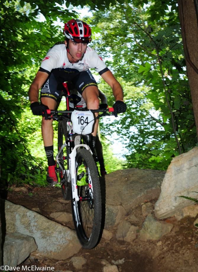 Silas Blunk (Whole Athlete) descending a rock garden