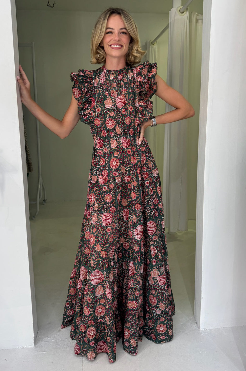 Rose Frill Maxi Dress | Khaki/orange
