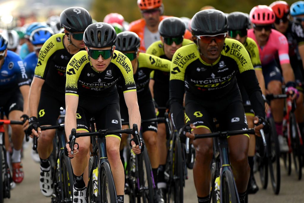 EJEADELOSCABALLEROS SPAIN OCTOBER 23 Nicholas Schultz of Australia and Team Mitchelton Scott Tsgabu Gebremaryam Grmay of Ethiopia and Team Mitchelton Scott Peloton during the 75th Tour of Spain 2020 Stage 4 a 1917km stage from Garray Numancia to Ejea de los Caballeros lavuelta LaVuelta20 La Vuelta on October 23 2020 in Ejea de los Caballeros Spain Photo by David RamosGetty Images