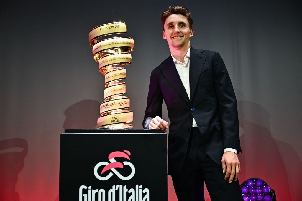 Jai Hindley with the Giro d&#039;Italia trophy at the 2023 route presentation. Hindley was winner of the 2022 Giro d&#039;Italia.