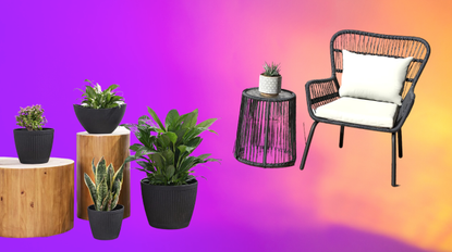 four black plant pots and a woven chair and side table on a colorful background