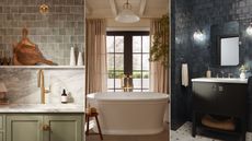 Three spaces featuring Studio McGee x Kohler collections: a green kitchen, a bathroom with a standalone tub, and a dark blue tiled bathroom