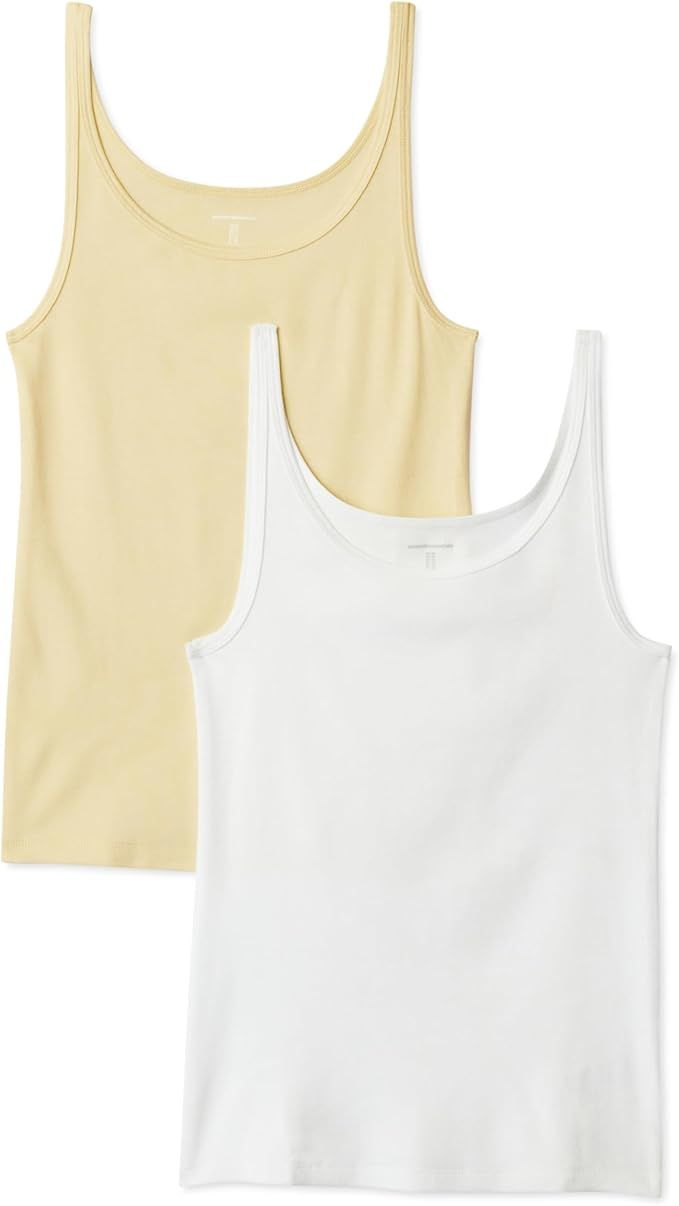 Amazon Essentials, Amazon Essentials Women's Slim-Fit Thin Strap Tank, Pack of 2, Pack of 2, Pastel Yellow/white, Small