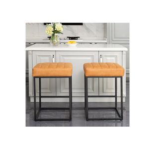 brown leather stools with black metal legs