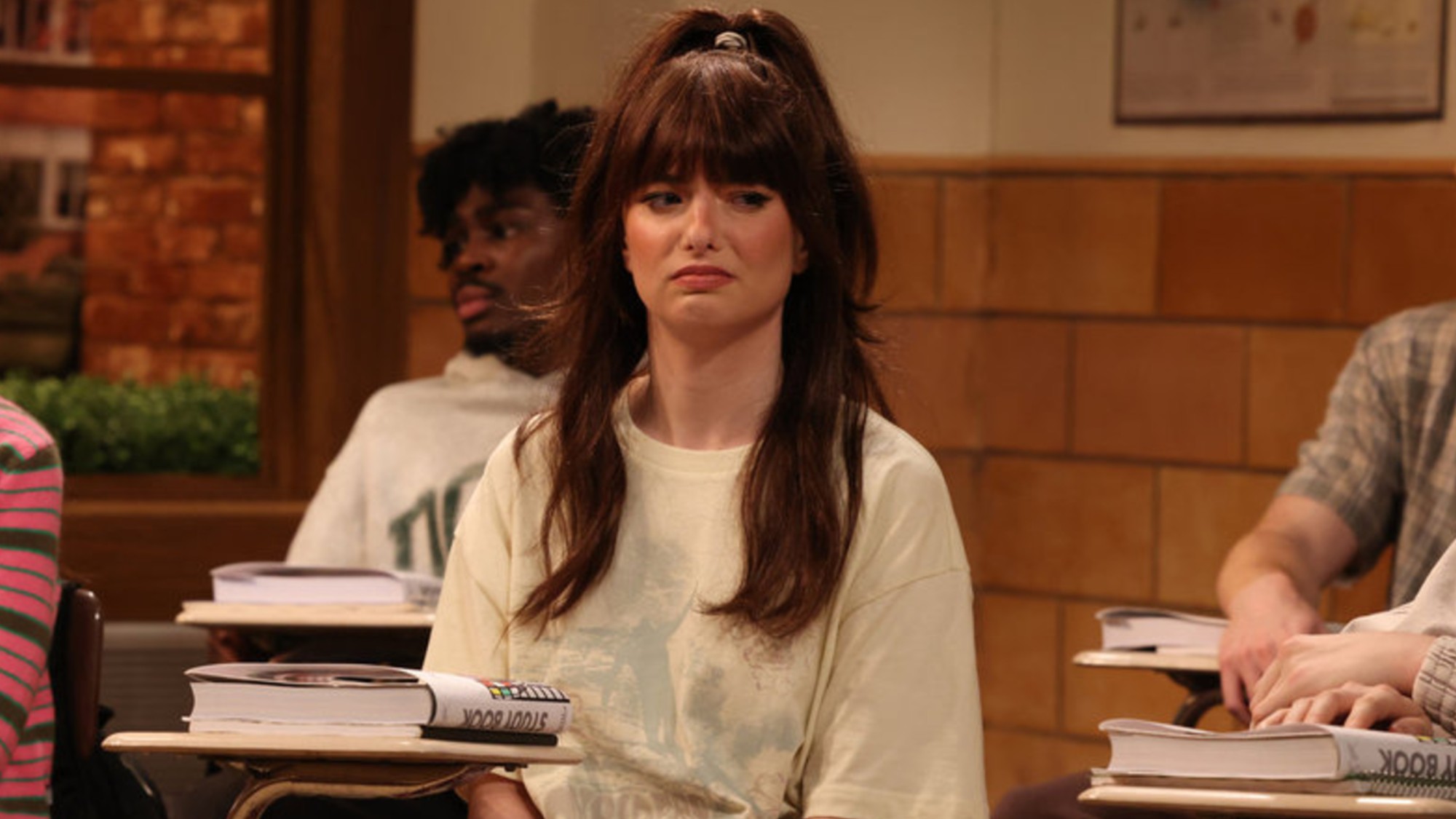 Sarah Sherman looking upset during a sketch on SNL.