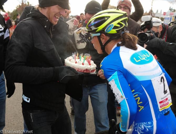Katerina Nash (Luna Pro Team) was presented a birthday cake at the finish line