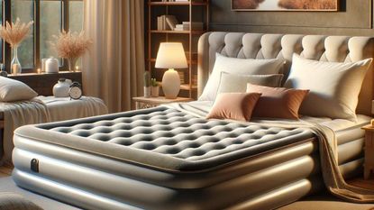 White and brown pillows on an air mattress in a beige bedroom.