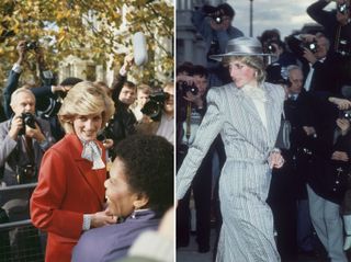 Diana, Princess of Wales seen here visiting Brixton Community Centre in London, 1983 (left) and at her friend Anne Bolton’s wedding, 1983