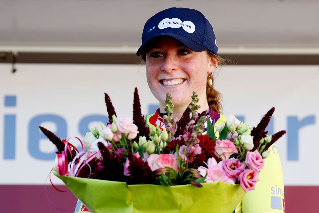 GENNEP NETHERLANDS SEPTEMBER 06 Charlotte Kool of The Netherlands and Team DsmFirmenich celebrates at podium as Yellow leader jersey winner during the 25th Simac Ladies Tour 2023 Stage 1 a 1391km stage from Gennep to Gennep UCIWWT on September 06 2023 in Gennep Netherlands Photo by Bas CzerwinskiGetty Images