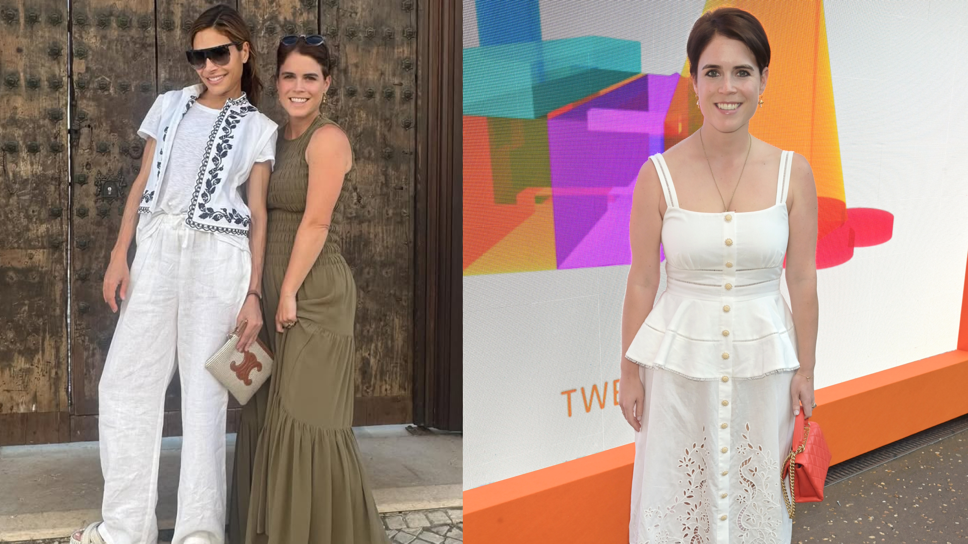 Princess eugenie wearing a green maxi dress standing with Ayda Field Williams in front of a door and Princess Eugenie wearing a white sun dress in front of a rainbow colored wall