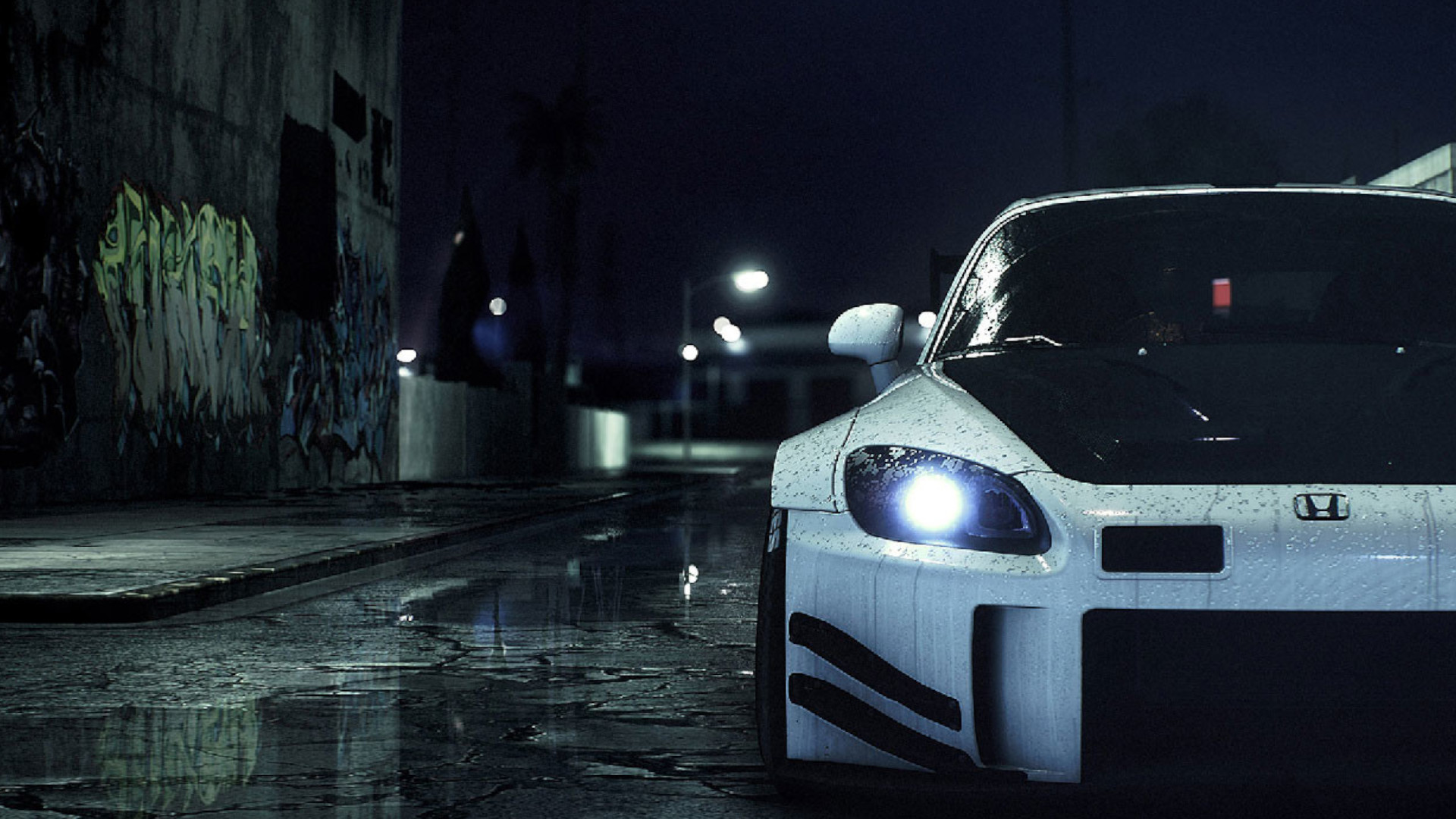 A white car at night during one of the best Need for Speed games, the 2015 Need for Speed.