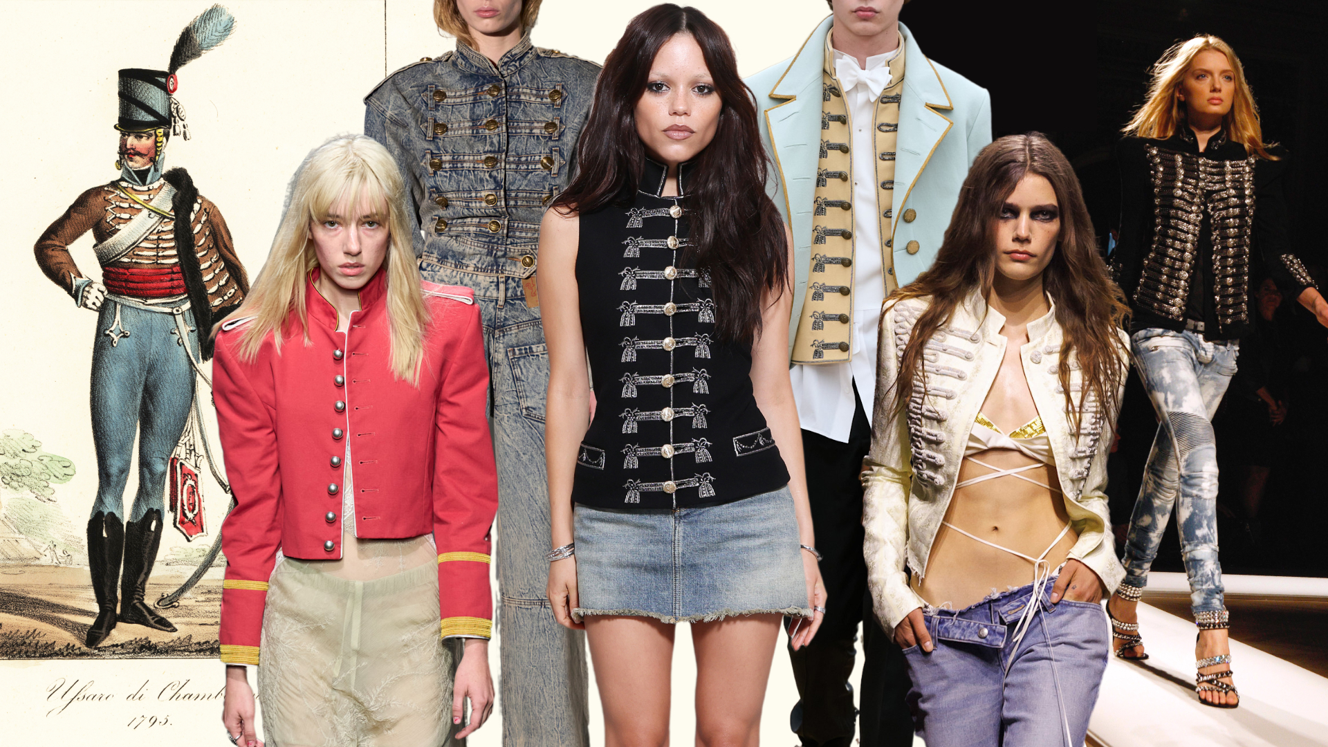 a collage of women's military jackets, including a Hussar soldier, Jenna Ortega, model for Balmain Spring 2009, and models for Ann Demeulemeester, Dior Men's, Vaquera, and McQueen Spring 2026