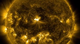 On Sept. 10, 2014, the sun unleashed a massive X1.6-class solar flare aimed directly at Earth. This NASA image is a still from video of the solar flare captured by the agency's Solar Dynamics Observatory watching the sun.