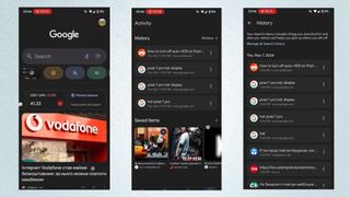 Screenshots showing Google's updated app with Activity and History tabs