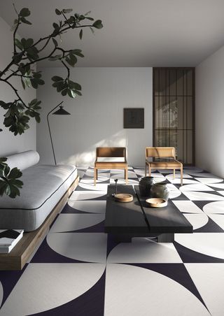 living room with monochrome floor tiles