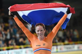 Gold medal winner Netherland's Kirsten Wild celebrates winning the women's omnium during the UCI Track Cycling World Championships