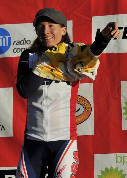 Amber Neben (USA National Team) pulls on the race leader jersey.