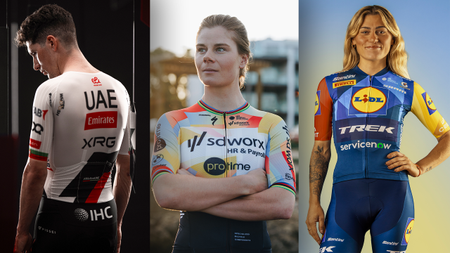 Three-picture collage showing new kits for UAE Team Emirates-XRG, SD Worx-Protime and Lidl-Trek